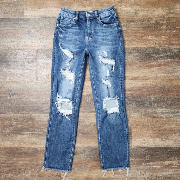 RISEN HIGH WAIST DISTRESSED RAW EDGE JEANS SIZE 26 - Picture 1 of 11